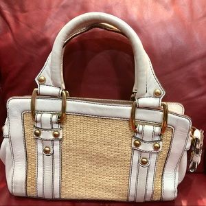 Banana Republic White Leather w/Straw Accent & Brass Buckled Handle Purse